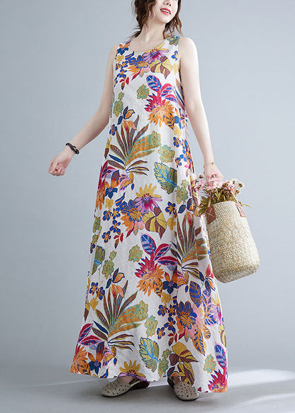 O-neck Print Cotton Long Dresses Summer