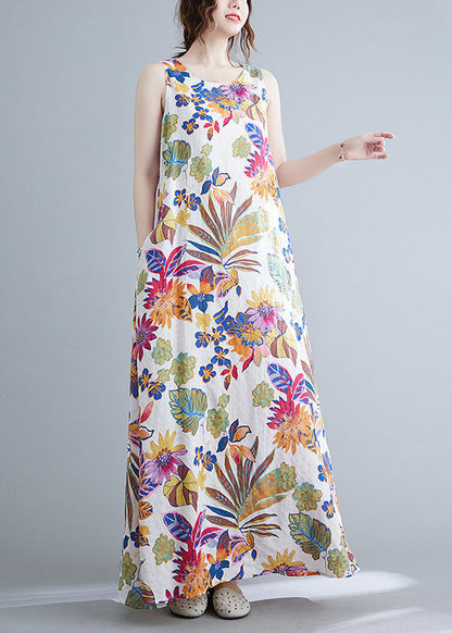 O-neck Print Cotton Long Dresses Summer