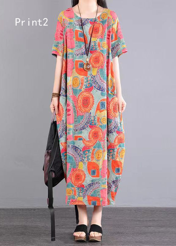 O Neck Print Pockets Patchwork Cotton Dress Summer