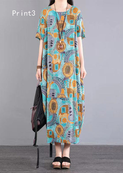 O Neck Print Pockets Patchwork Cotton Dress Summer