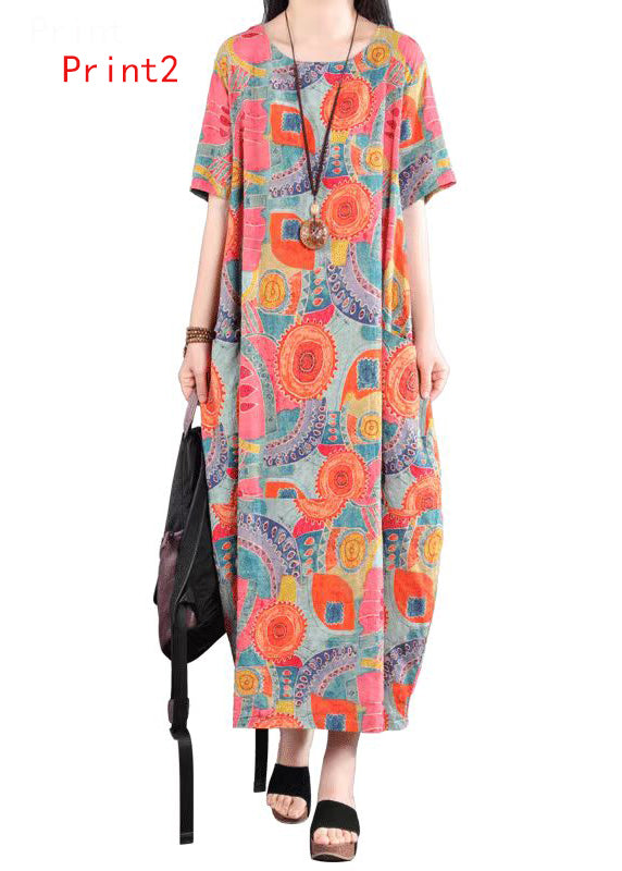 O Neck Print Pockets Patchwork Cotton Dress Summer