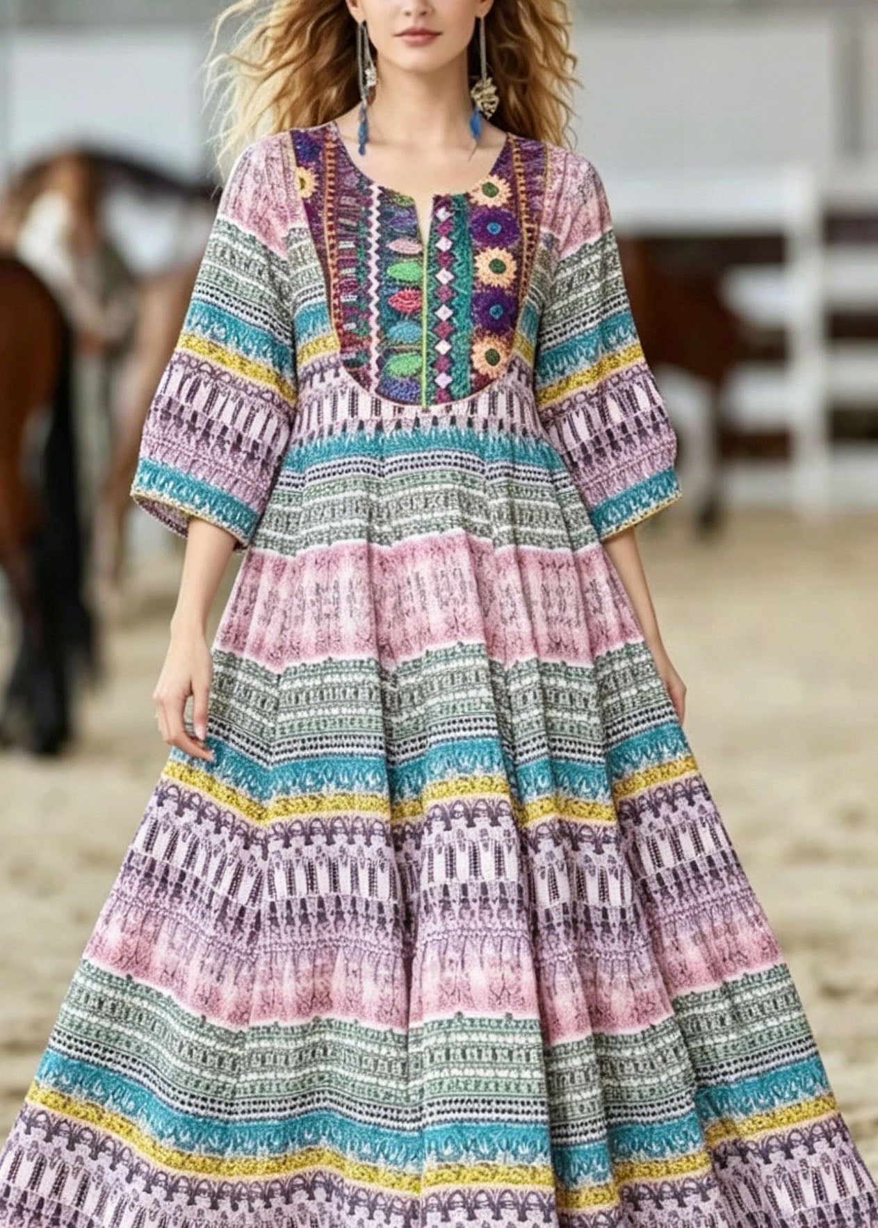 O Neck Print Wrinkled Cotton Dresses Summer