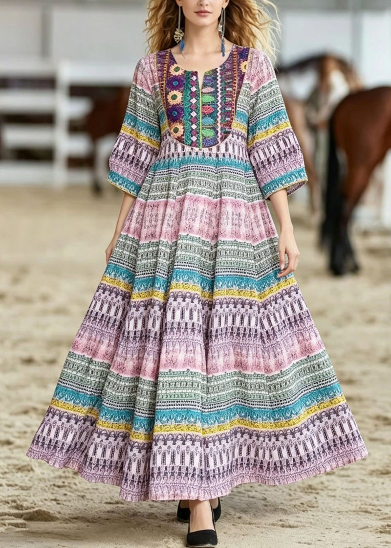 O Neck Print Wrinkled Cotton Dresses Summer