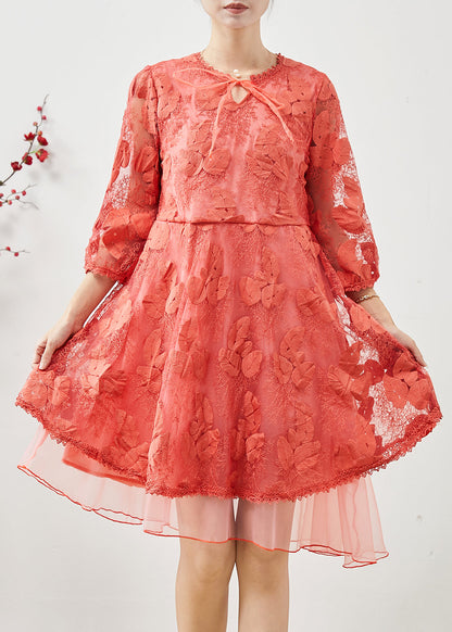 Orange Embroidered Tulle Vacation Dress Bracelet Sleeve