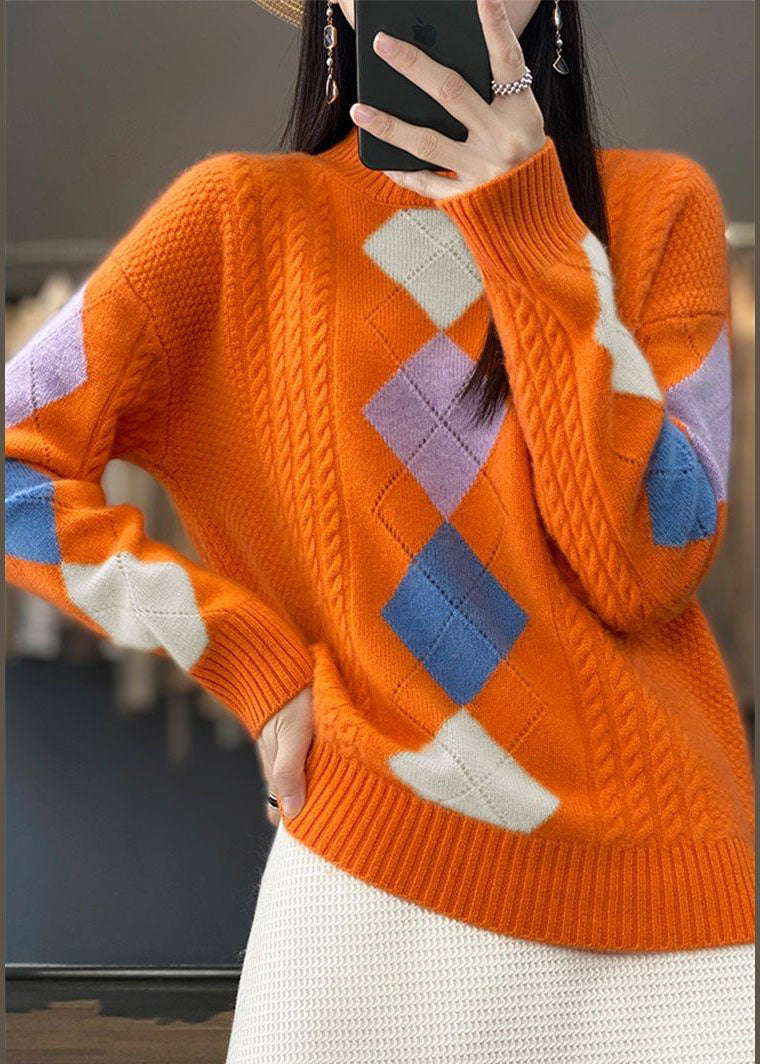 Orange High Neck Print Chunky Knit Sweater Tops Winter