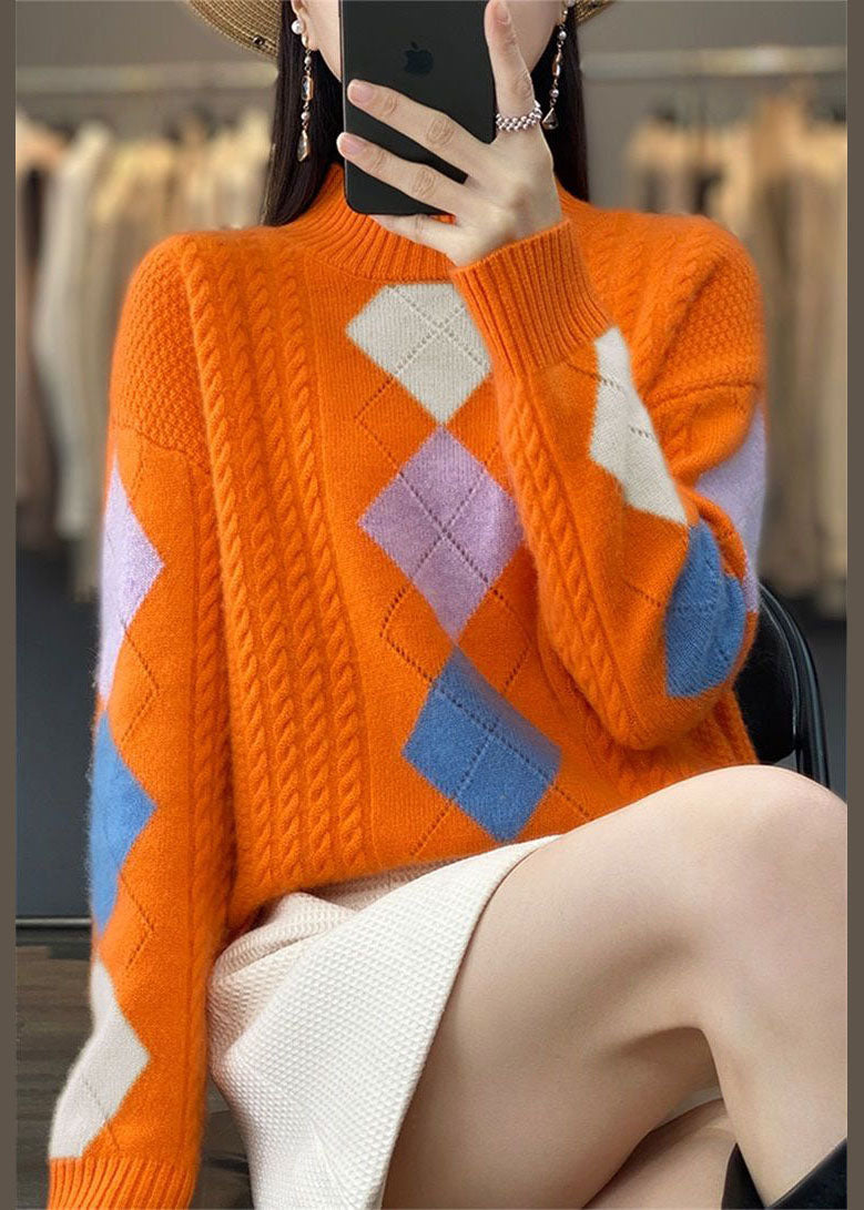 Orange High Neck Print Chunky Knit Sweater Tops Winter