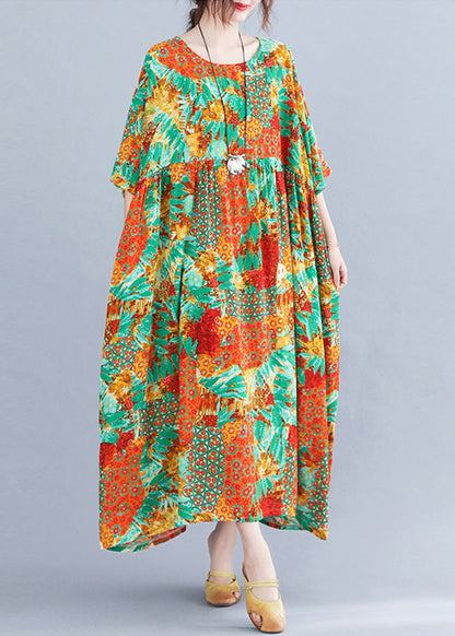 Orange O-neck Print Cozy Maxi Dresses Summer
