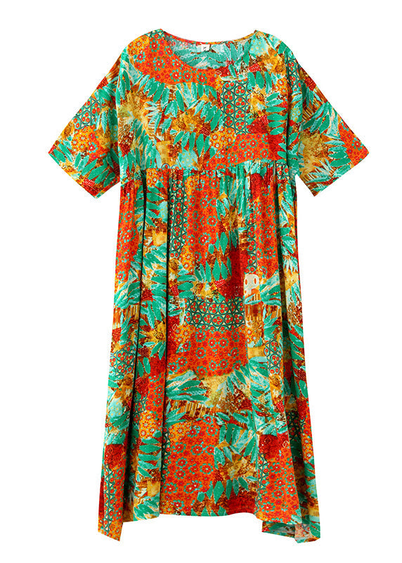 Orange O-neck Print Cozy Maxi Dresses Summer