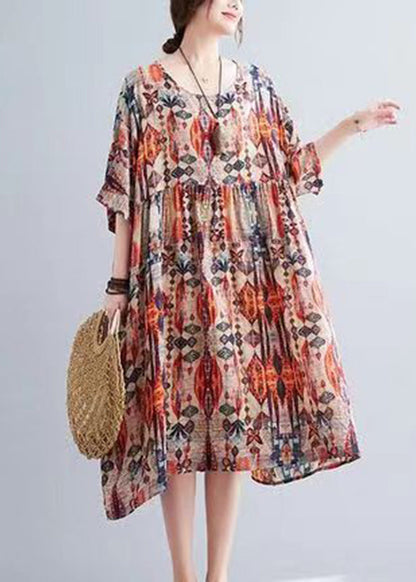 Orange O-neck Print Holiday Maxi Dress Summer