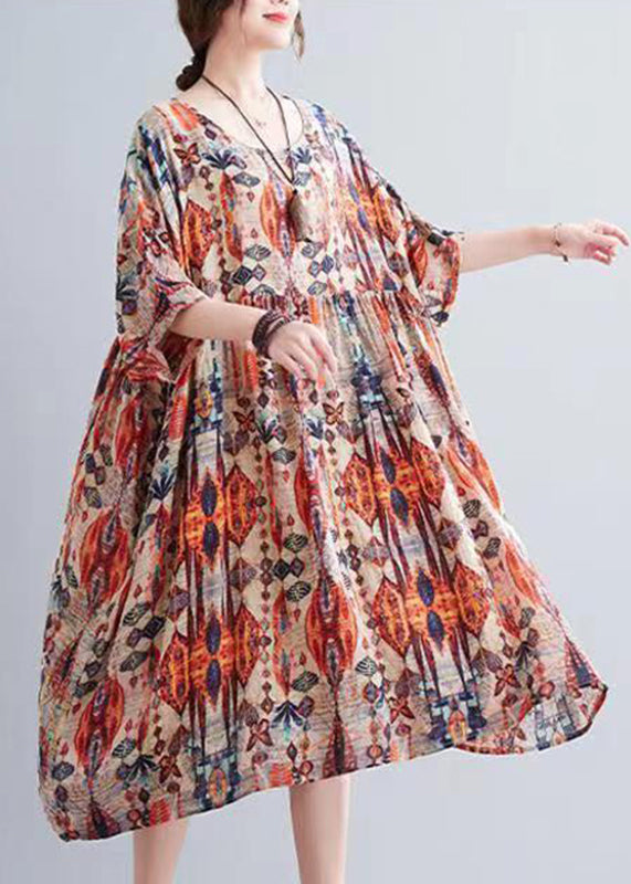 Orange O-neck Print Holiday Maxi Dress Summer