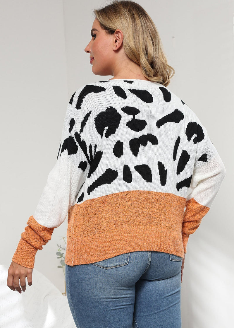 Orange O-neck Print Patchwork Knit Sweater Fall