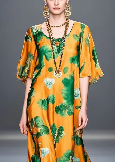 Orange Print Draping Silk Beach Dress Summer