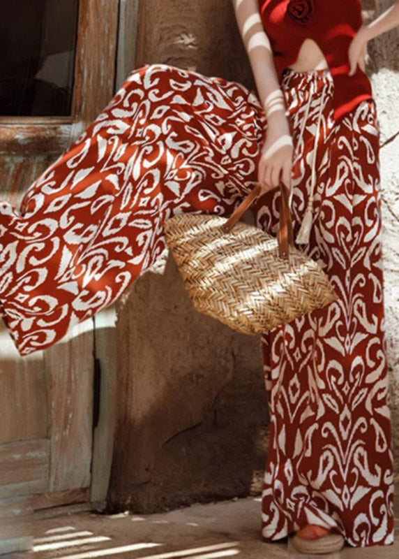 Orange Print Tie Waist Wide Leg Pants Summer