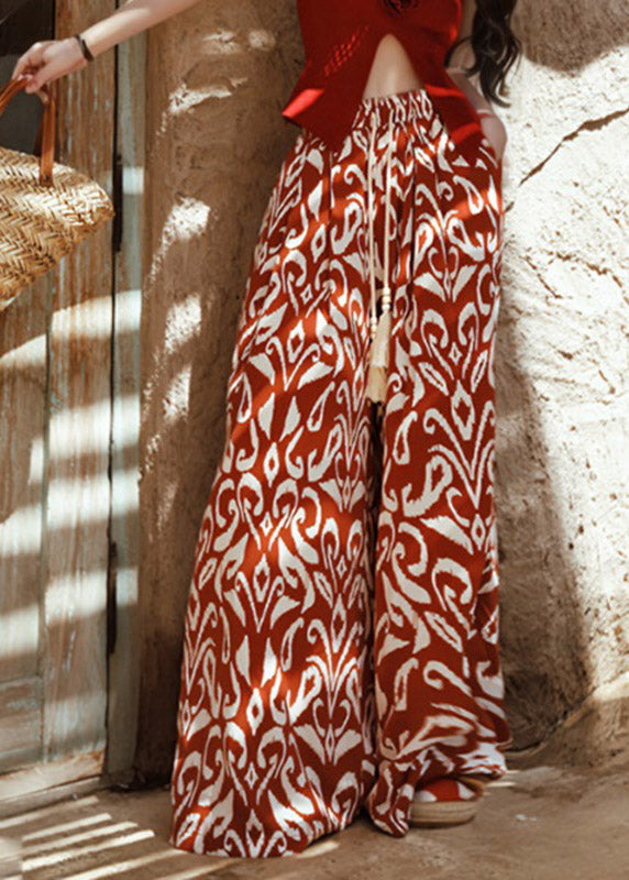 Orange Print Tie Waist Wide Leg Pants Summer