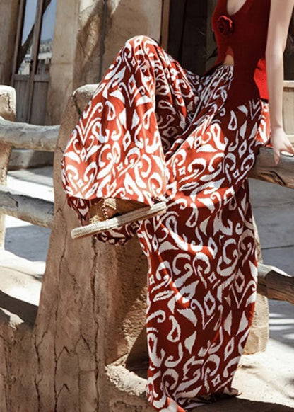 Orange Print Tie Waist Wide Leg Pants Summer