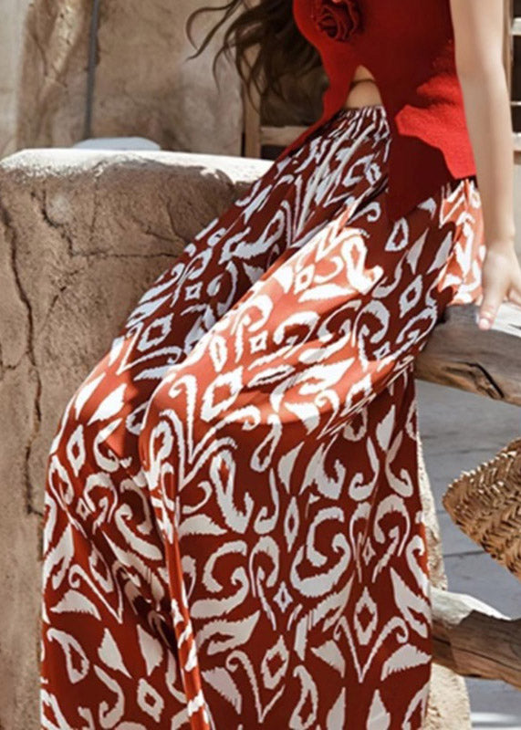 Orange Print Tie Waist Wide Leg Pants Summer