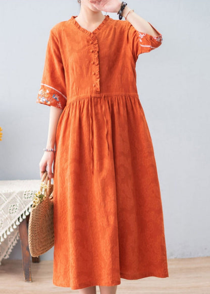 Orange Ruffled Drawstring Embroideried Jacquard Cotton Dresses Half Sleeve