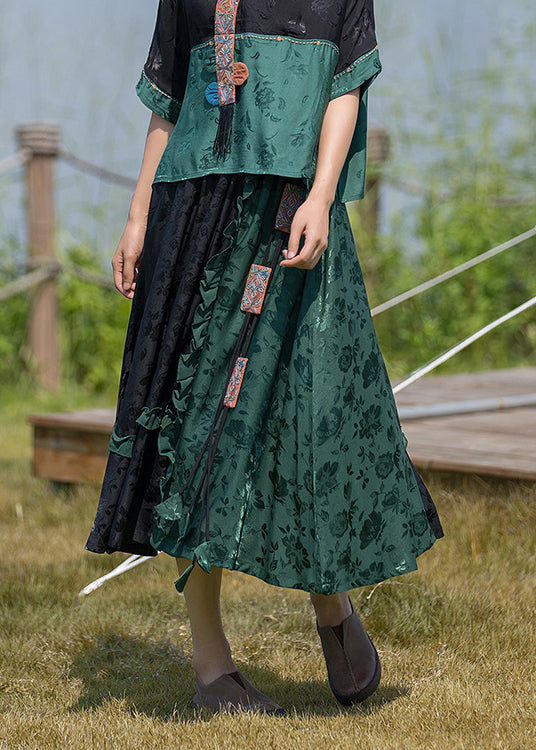 Orange Ruffled Jacquard Patchwork Silk Skirts Summer