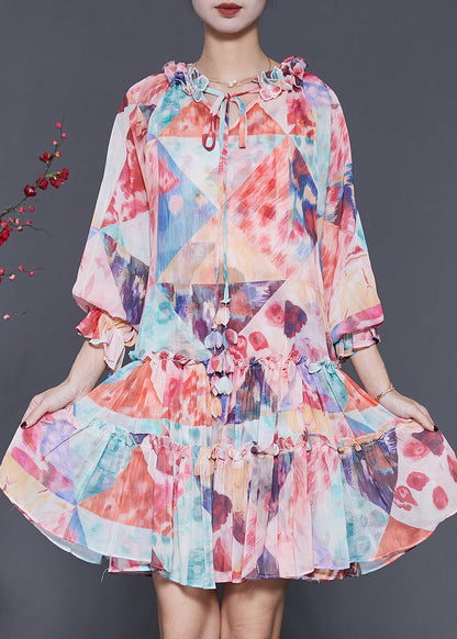 Orange Ruffled Print Chiffon Mid Dress Spring