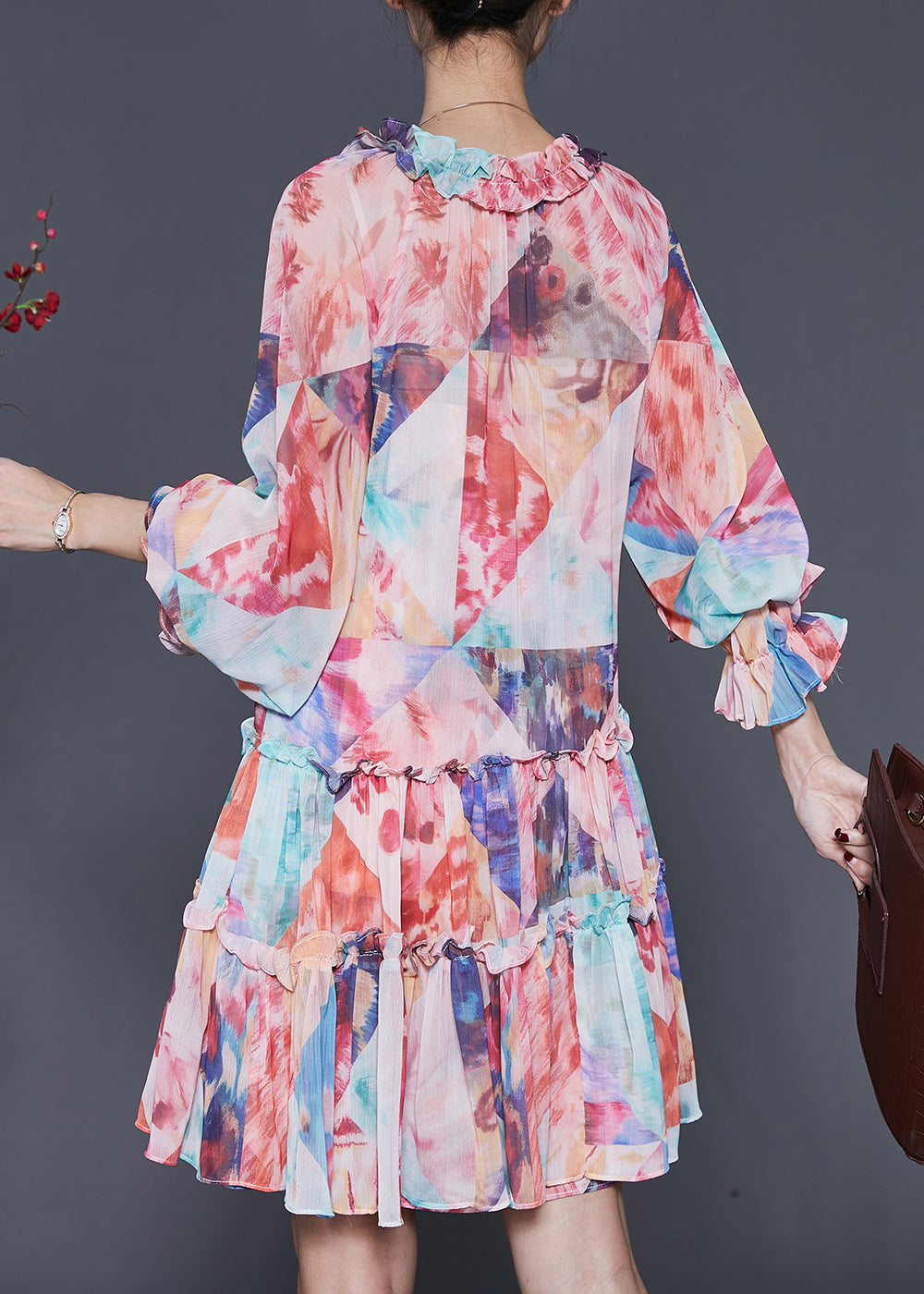 Orange Ruffled Print Chiffon Mid Dress Spring