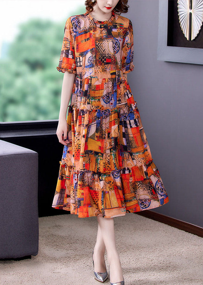 Orange Ruffled Print Patchwork Silk Dress Summer