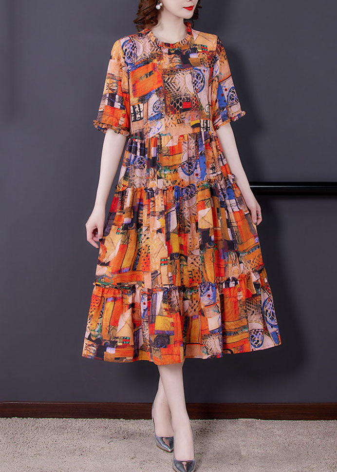Orange Ruffled Print Patchwork Silk Dress Summer