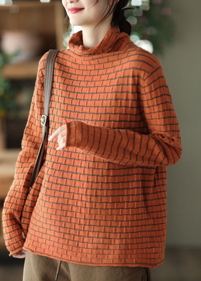 Orange Turtle Neck Striped Knit Sweaters Winter