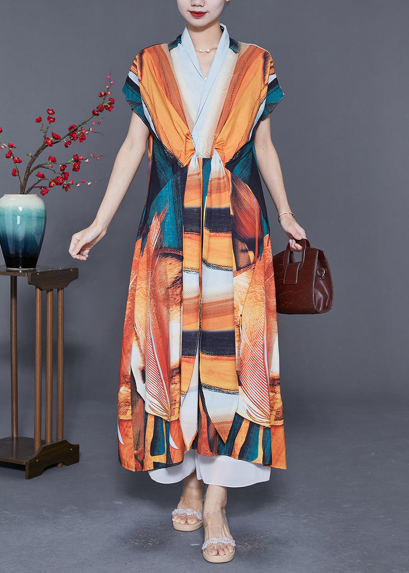 Orange V Neck Print Chiffon Robe Dresses Summer