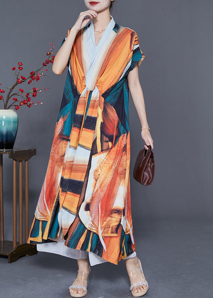Orange V Neck Print Chiffon Robe Dresses Summer