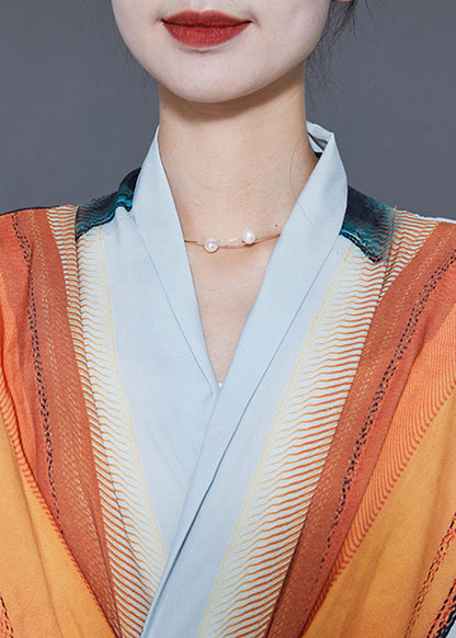 Orange V Neck Print Chiffon Robe Dresses Summer