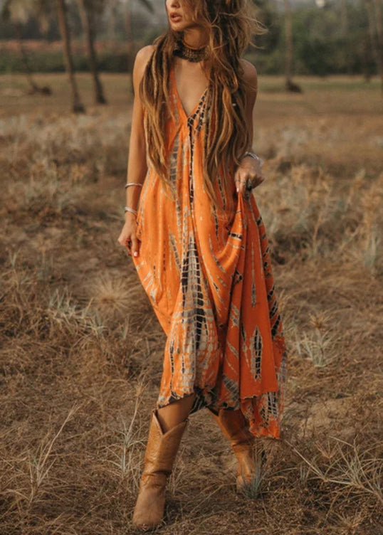 Orange V Neck Print Cotton Long Dress Sleeveless