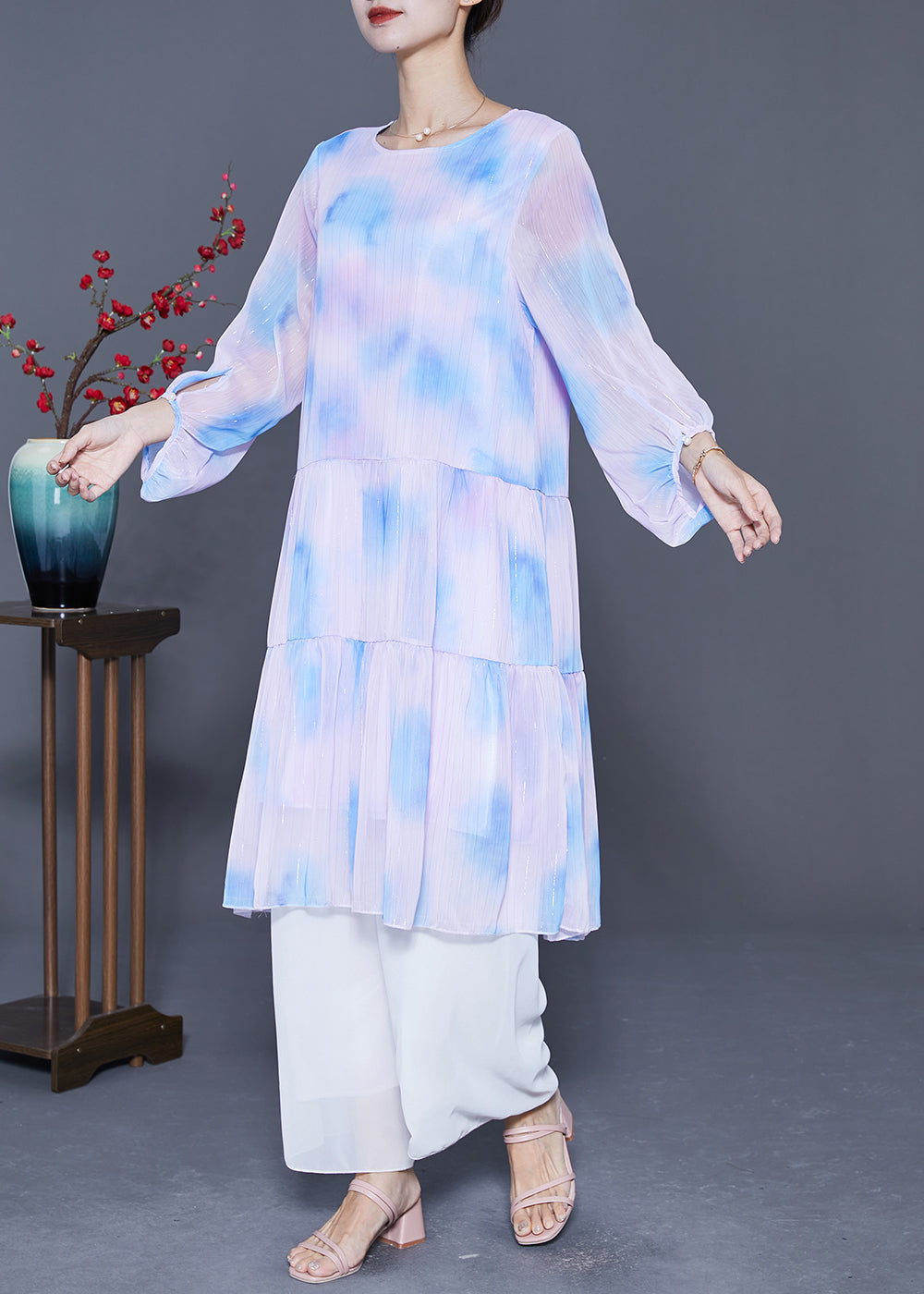 Oversized Patchwork Tie Dye Silk Robe Dresses Lantern Sleeve