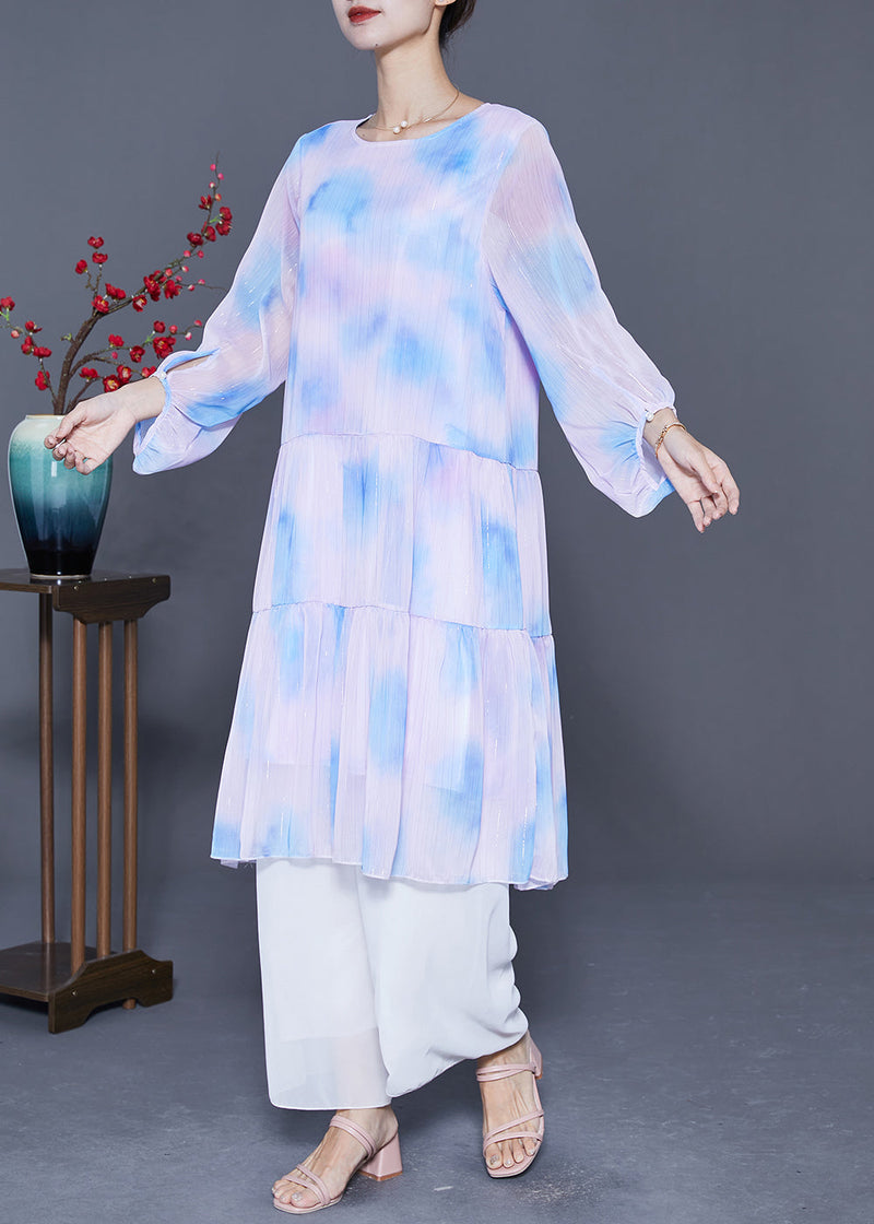 Oversized Patchwork Tie Dye Silk Robe Dresses Lantern Sleeve