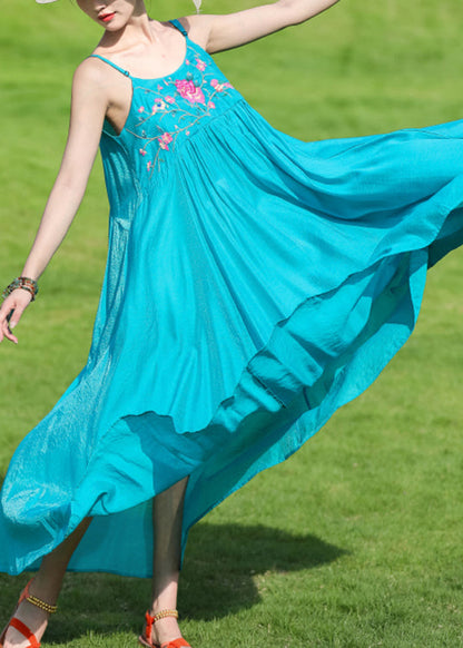 Peacock Blue Embroideried Wrinkled Cotton Spaghetti Strap Dress Summer