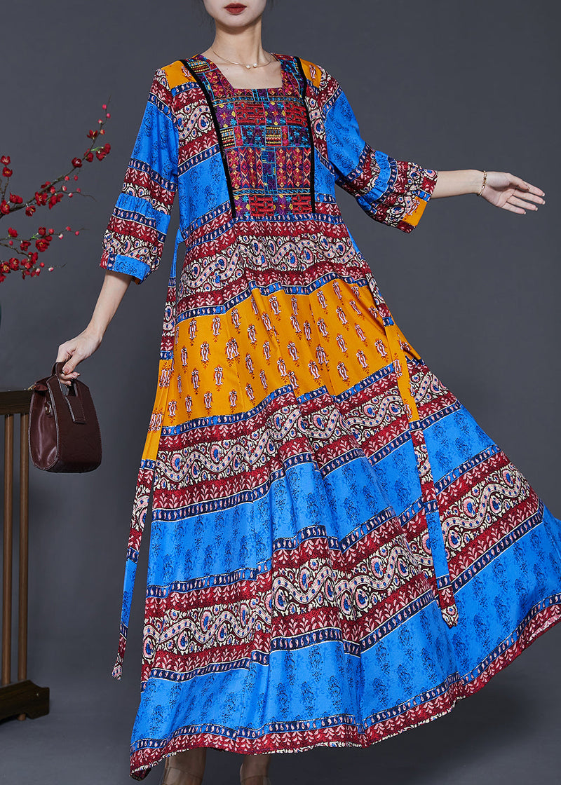 Peacock Blue Print Exra Large Hem Silk Dresses Summer