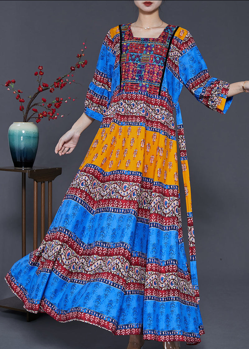 Peacock Blue Print Exra Large Hem Silk Dresses Summer