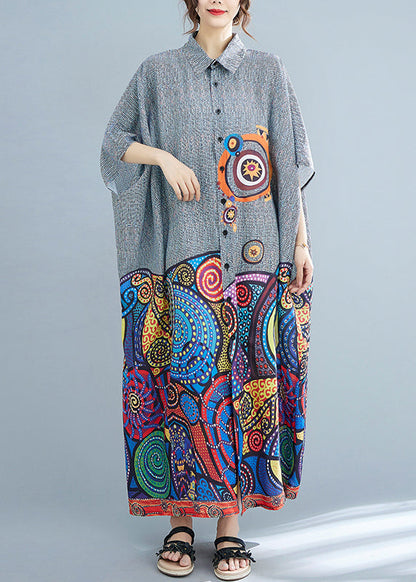 Peter Pan Collar Button Print Holiday Dress Batwing Sleeve