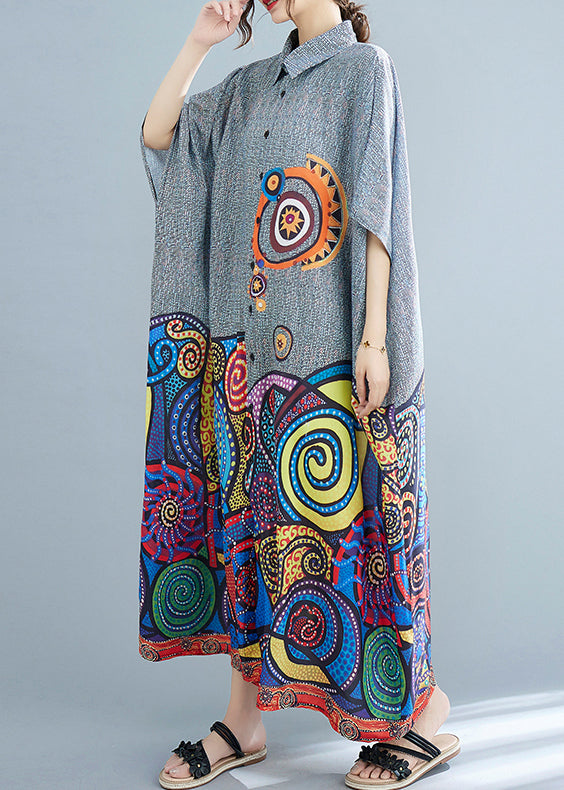 Peter Pan Collar Button Print Holiday Dress Batwing Sleeve