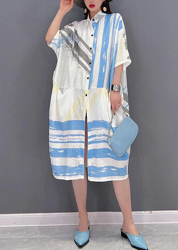 Peter Pan Collar Striped Patchwork Button Pockets Dress Half Sleeve