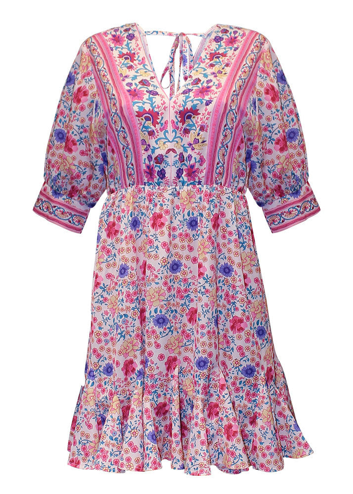 Pink Asymmetrical Design Print Backless Outfit Mid Dress Half Sleeve