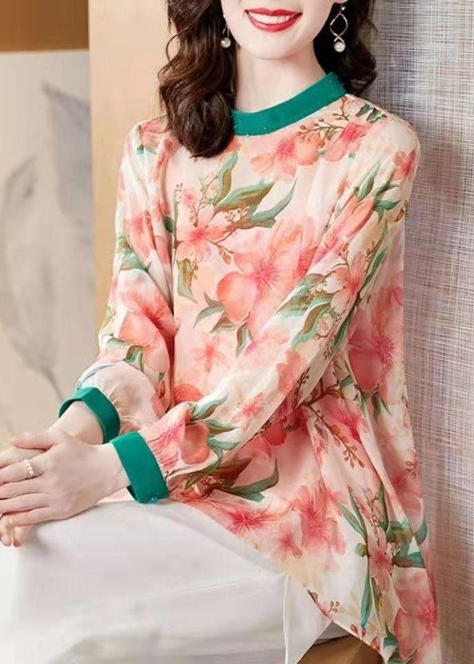 Pink Asymmetrical Patchwork Print Chiffon Top Spring