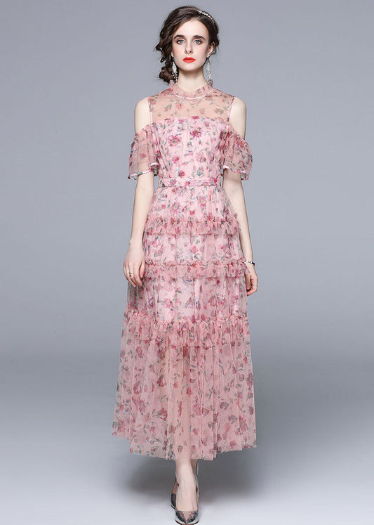 Pink Cold Shoulder Print Ruffled Chiffon Long Dresses Summer