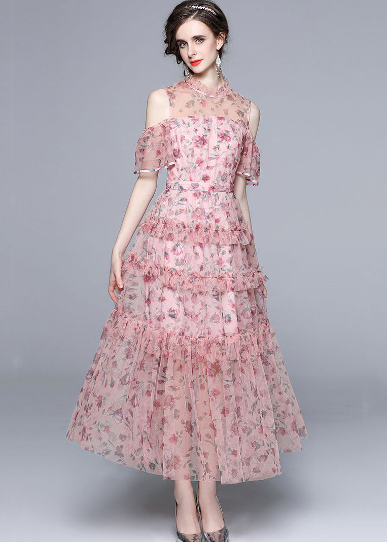 Pink Cold Shoulder Print Ruffled Chiffon Long Dresses Summer