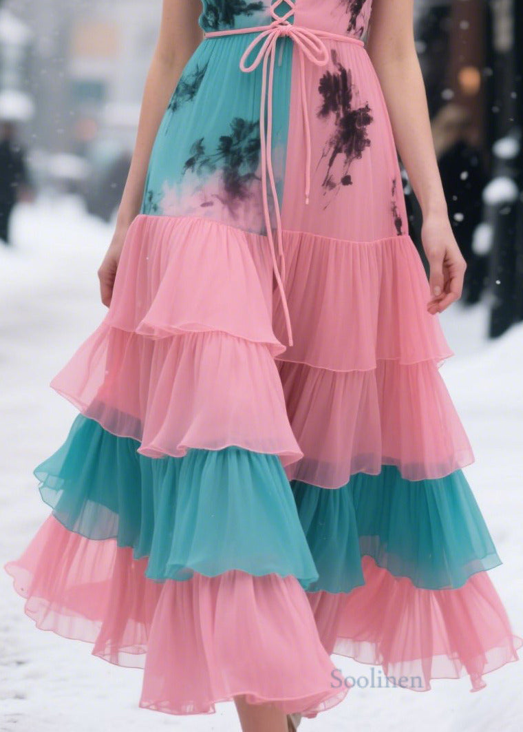 Pink Cross Strap Patchwork Chiffon Holiday Dresses Summer