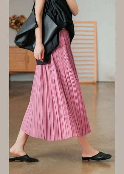 Pink Elastic Waist Cotton Pleated Skirts