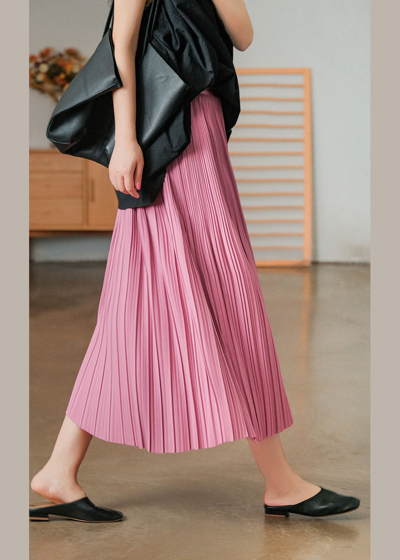 Pink Elastic Waist Cotton Pleated Skirts