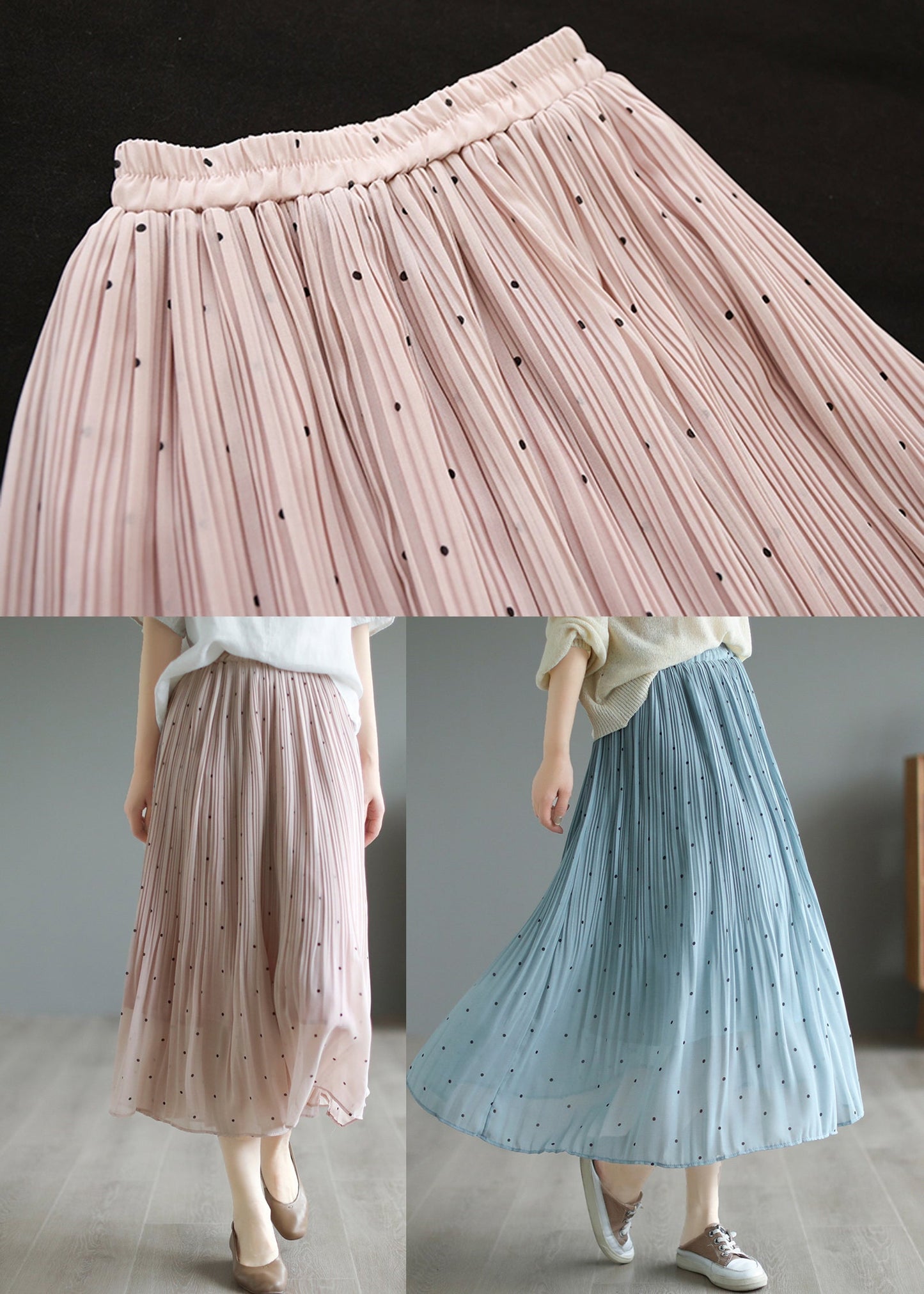 Pink Elastic Waist Dot Print Chiffon Skirts Summer
