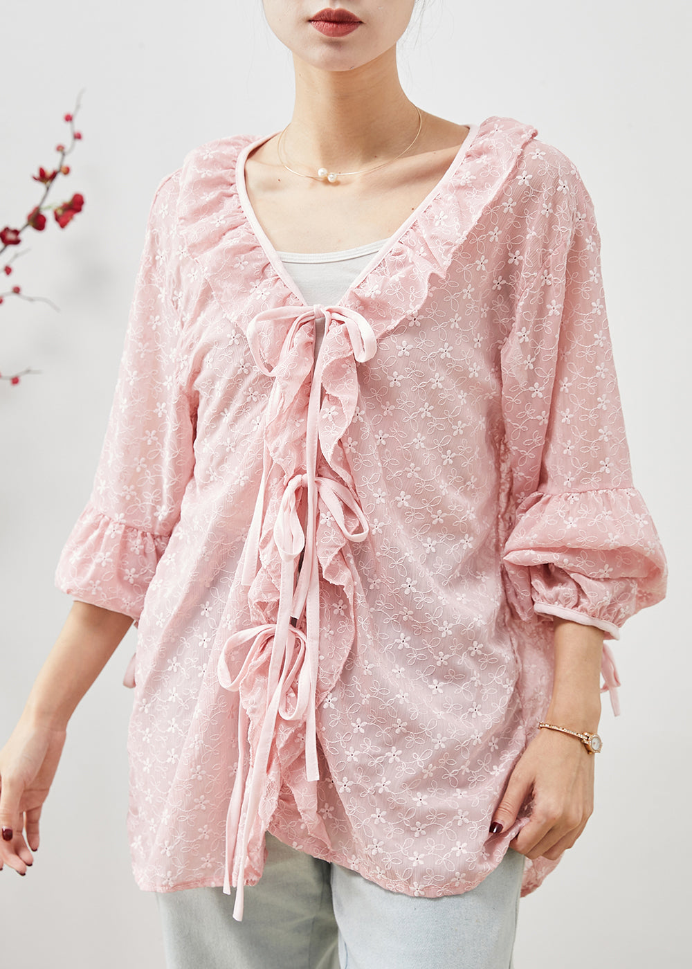 Pink Embroidered Ruffles Lace Shirt Spring
