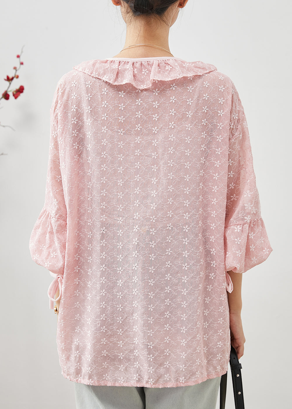 Pink Embroidered Ruffles Lace Shirt Spring