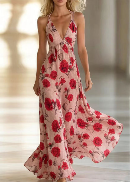 Pink Print Exra Large Hem Chiffon Vacation Dresses Summer